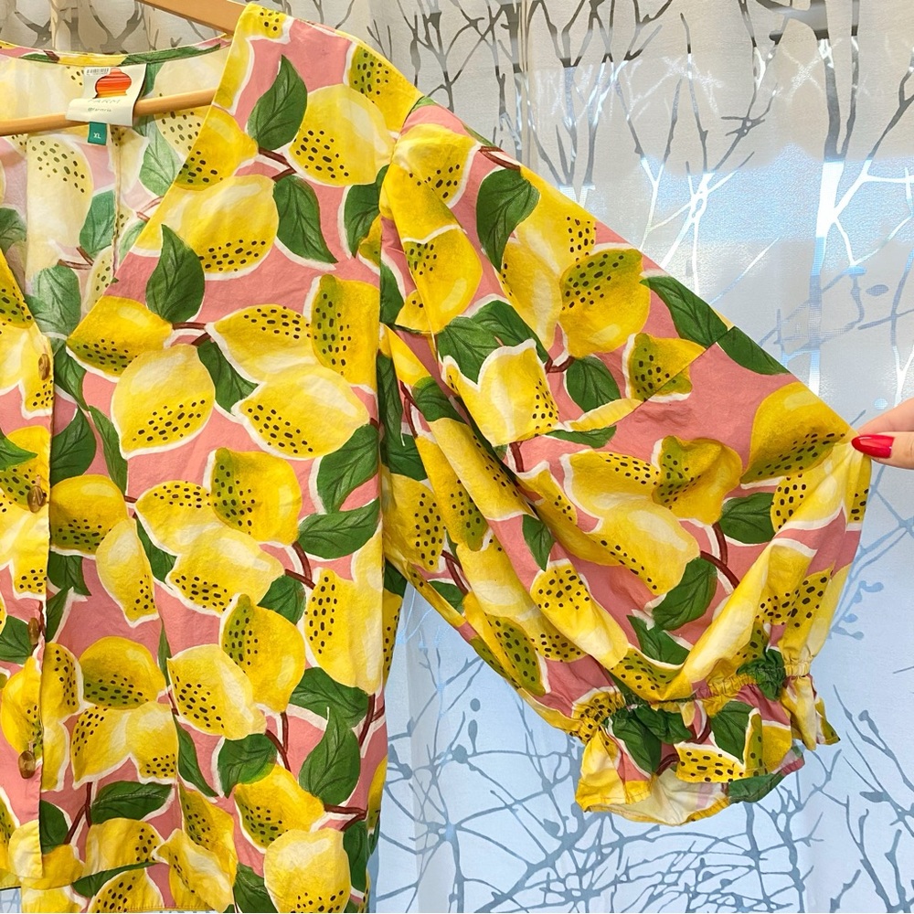 FARM RIO FRESH LEMONS PUFF SLEEVE SHIRT yellow green print balloon button up top - Picture 7 of 10